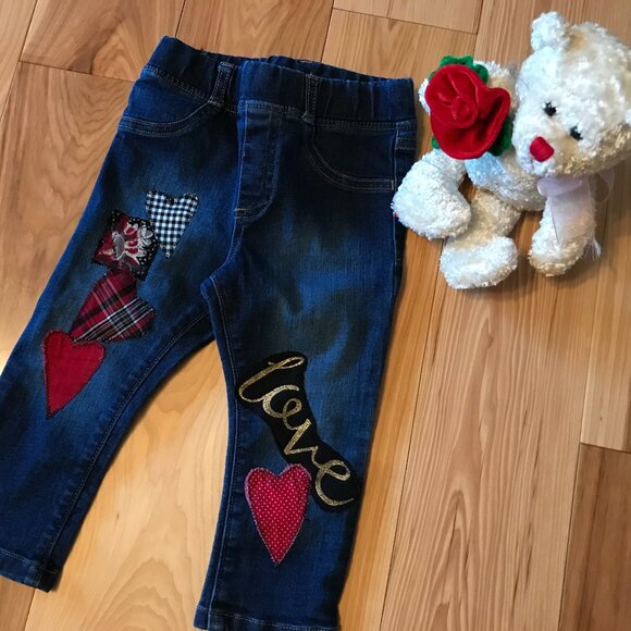 Upcycled Patchwork Jeans, Toddler Size 24 Months: Handmade Heart & Love Patches - Picture 15 of 15